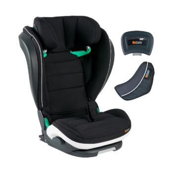 BeSafe iZi Flex Fix i-Size autostoeltje in Black Cab, met verstelbare hoofdsteun en zijwaartse bescherming, voldoet aan i-Size veiligheidsnormen voor optimale veiligheid en comfort tijdens autoritten voor kinderen.