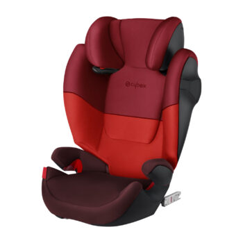 Cybex Solution M-Fix autostoeltje in Rumba Red, voorzien van zijwaartse bescherming en verstelbare hoofdsteun, ontworpen voor maximale veiligheid en comfort tijdens autoritten voor kinderen.
