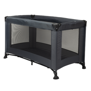 Campingbed Novi Baby in donkergrijs, luxe opvouwbaar reisbedje met ademende zijpanelen en comfortabel matras, ideaal voor veilige en ontspannen slaap tijdens reizen.