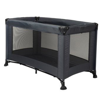 Campingbed Novi Baby in donkergrijs, luxe opvouwbaar reisbedje met ademende zijpanelen en comfortabel matras, ideaal voor veilige en ontspannen slaap tijdens reizen.