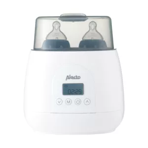 Alecto flessenwarmer, ontworpen voor het gelijktijdig verwarmen van twee babyflessen of potjes, biedt gebruiksgemak en efficiëntie voor ouders van tweelingen of meerdere kinderen.