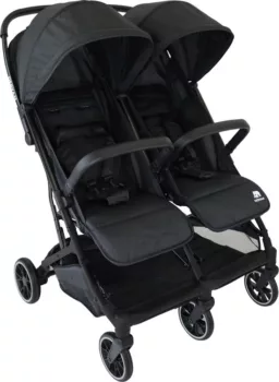 Deryan Luxe Rolo X2, supercompacte duo buggy die als handbagage kan worden meegenomen, voorzien van verstelbare rugleuningen en zonnekappen, ontworpen voor reizen en dagelijks gebruik met optimale veiligheid en comfort.
