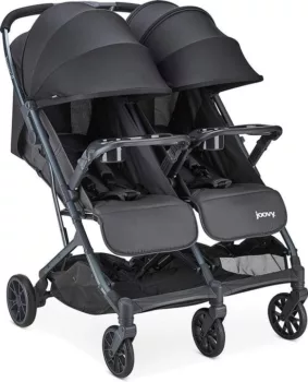 Joovy Kooper X2, compacte duo buggy met extra grote wielen voor soepel rijden, voorzien van ruime zitplaatsen en opbergruimte, perfect voor ouders die op zoek zijn naar een praktische en wendbare wandelwagen.