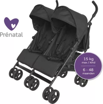 Prénatal duo buggy voor tweelingen, uitgerust met verstelbare rugleuningen en inbegrepen regenhoes, ontworpen voor comfort en bescherming tijdens wandelingen, geschikt voor twee kinderen.