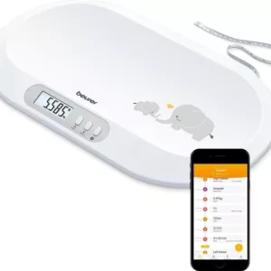 Beurer BY 90 babyweegschaal met Bluetooth, voorzien van automatische holdfunctie en tarra-functie, ideaal voor nauwkeurige meting van het gewicht van baby's en het volgen van hun groei.