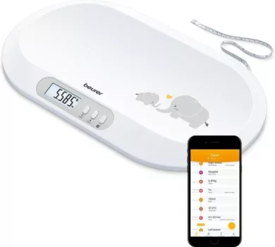 Beurer BY 90 babyweegschaal met Bluetooth, voorzien van automatische holdfunctie en tarra-functie, ideaal voor nauwkeurige meting van het gewicht van baby's en het volgen van hun groei.