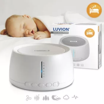 LUVION White Noise Machine – een stijlvolle en compacte witte ruis machine, ontworpen om kalmerende geluiden af te spelen, ideaal voor het verbeteren van de slaap van baby's en volwassenen.