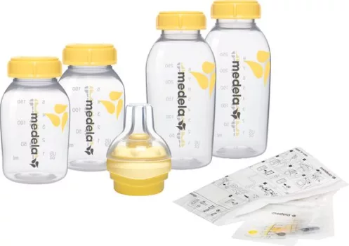 Medela babyflessen bewaar- en voedingsset, ontworpen voor het veilig bewaren en voeden van moedermelk, ideaal voor moeders die borstvoeding combineren met flesvoeding.