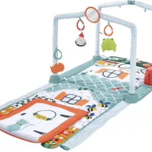 Fisher-Price 3-in-1 Babygym – een veelzijdige babygym met een zachte speelmat, voorzien van verstelbare bogen, verschillende hangende speeltjes, muziek en lichtjes, ontworpen om met je baby mee te groeien en de zintuigen, motorische vaardigheden en nieuwsgierigheid te stimuleren tijdens het spelen.